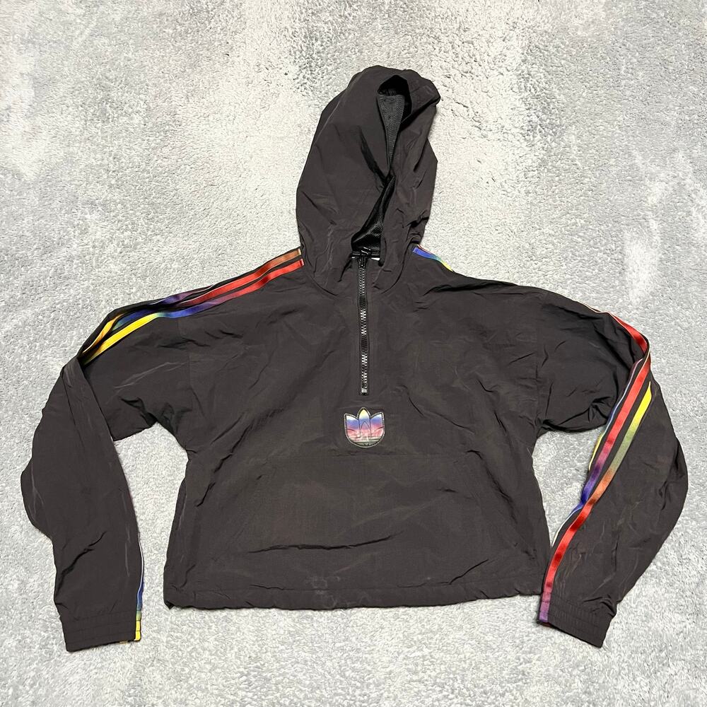 ADIDAS Jacket Womens Small Half Zip Crop Top BLACK Rainbow Pride Athleisure